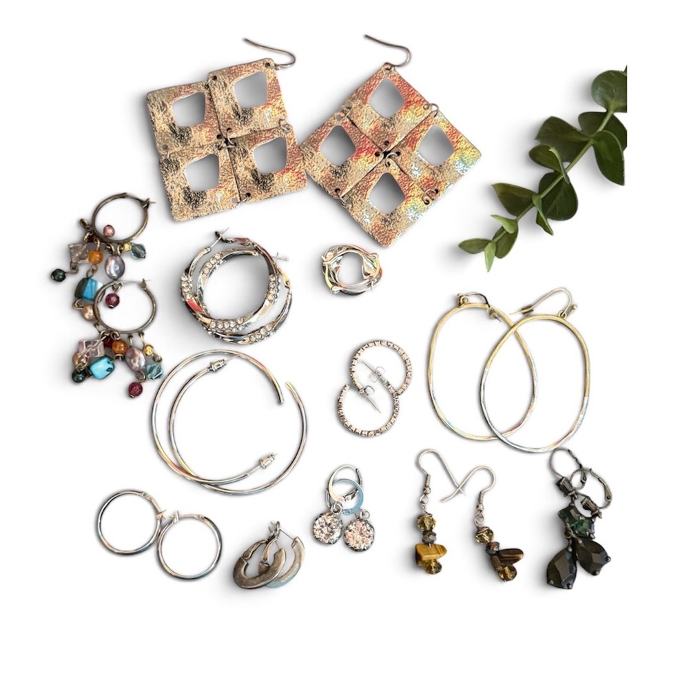 12 Pair Fashion Earring Lot Silver Tone Hoops Rhinestone Dangle Statement Set